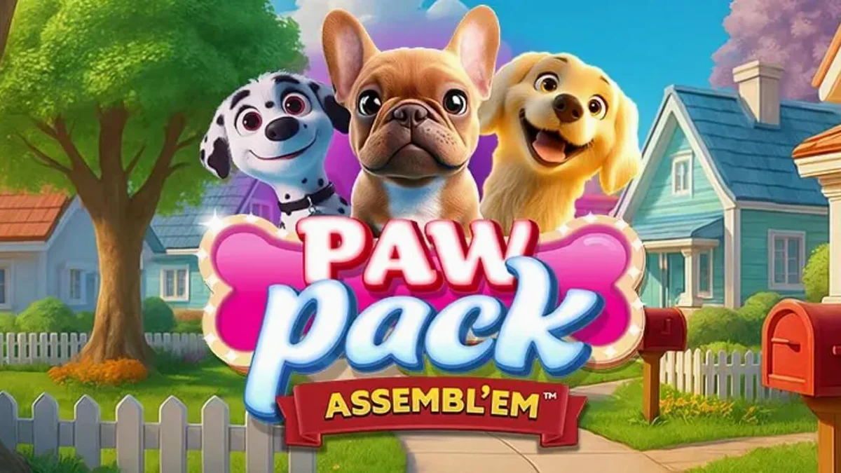 Paw Pack Assembl’Em slot machine interface with cartoon dogs